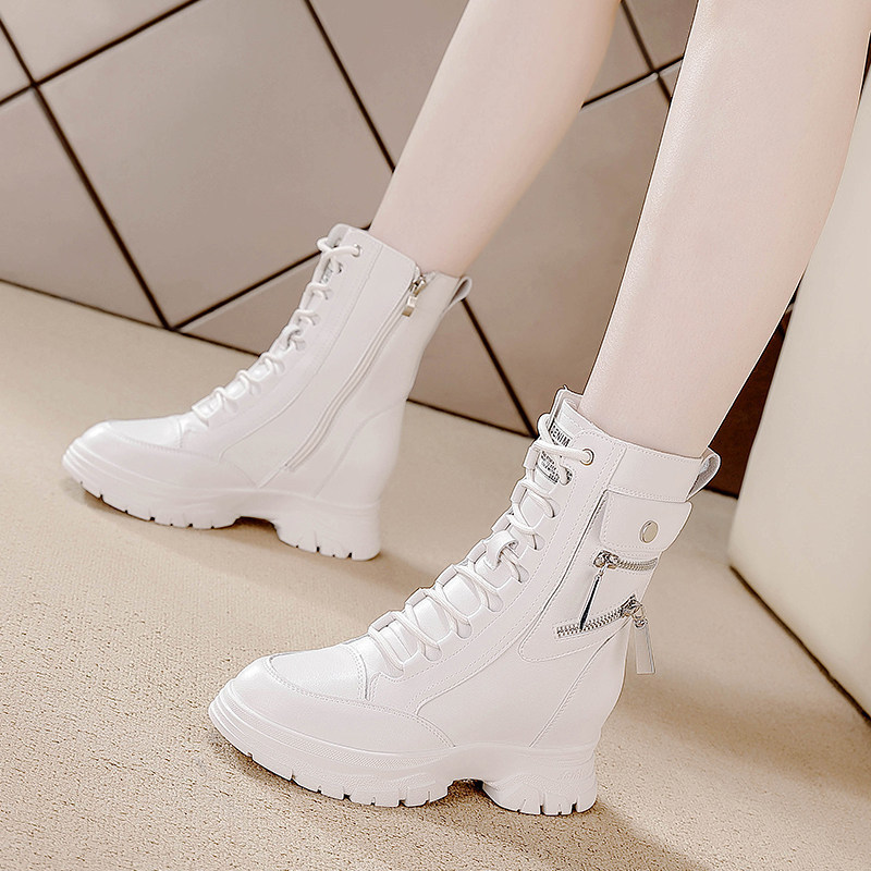 Genuine Leather Height-Increasing Martin Boots for Women, 2026 Autumn and Winter New British Style Mid-Calf Boots, Popular Fleece-Lined Snow Boots, Cotton Shoes