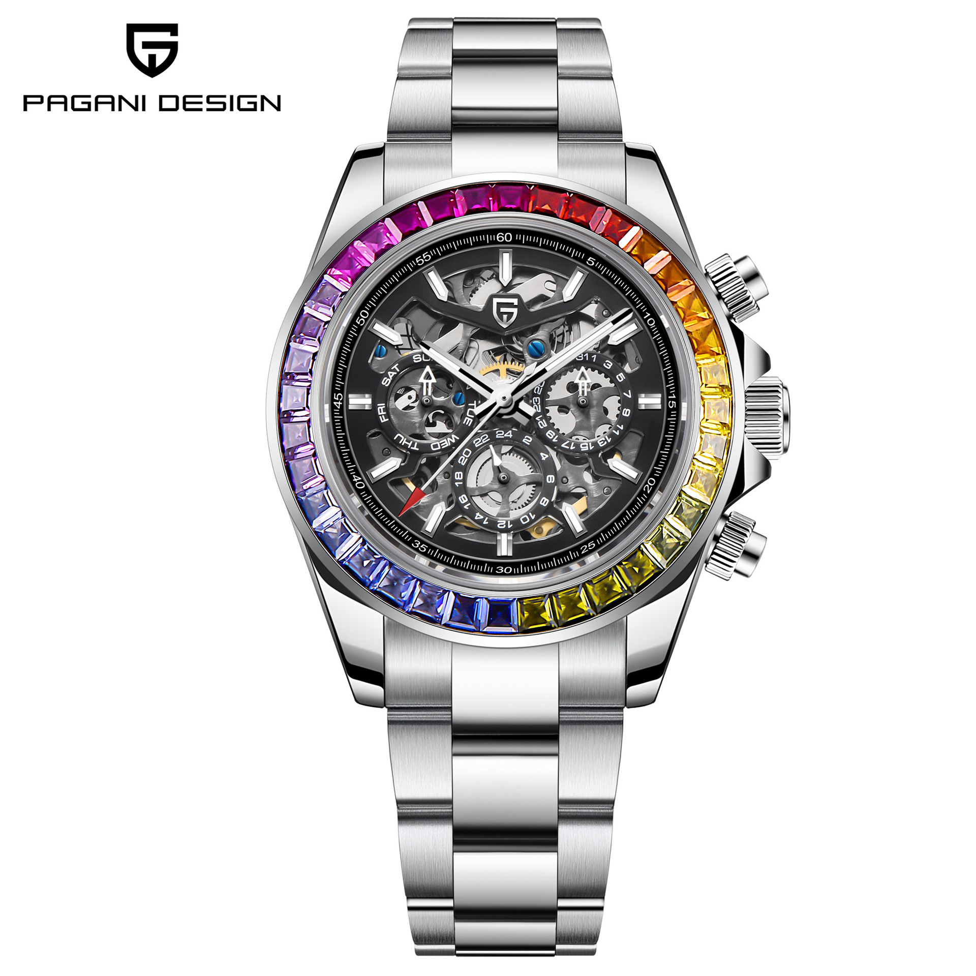 PAGANIDESIGN reloj mecánico automático de los hombres multi-función impermeable hueco Arco Iris anillo reloj masculino 1777