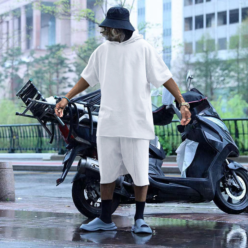 2024 Men's Short Sleeve Shorts Oversize Fur Loose Sports Casual Hooded Set_mkmklike.com