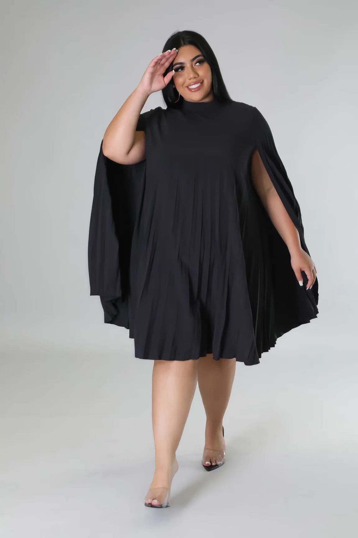Fashion Solid Color Round Neck Long Sleeve Patchwork Polyester Plus Size Knee-Length Pleated Skirt