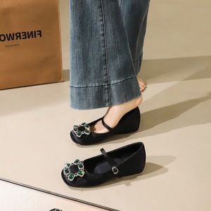 836-K211 Fashion Water Diamond Metal Buckle Strap Mary Jane Shoes Women's Round Head Inner Height Increase Silk Sha