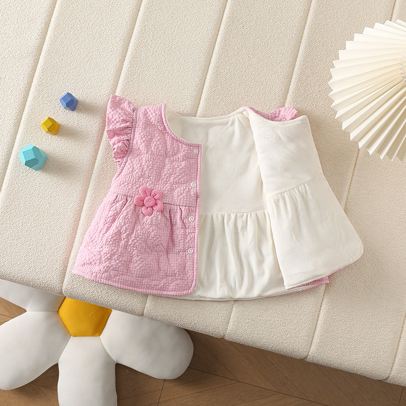 Bebé femenino invierno nuevo chaleco falda ropa exterior cálida más terciopelo estilo occidental mangas voladoras flores lindo chaleco infantil marea