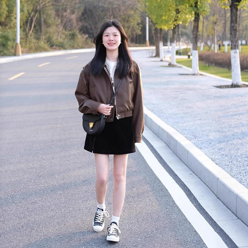 小个子2025新款今年流行感美拉德pu皮夹克棕色皮衣外套女超短款潮|undefined