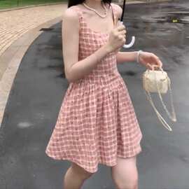 甜心雪莉玫韩系连衣裙女初夏精致甜美俏皮少女可爱级格纹A字裙ins