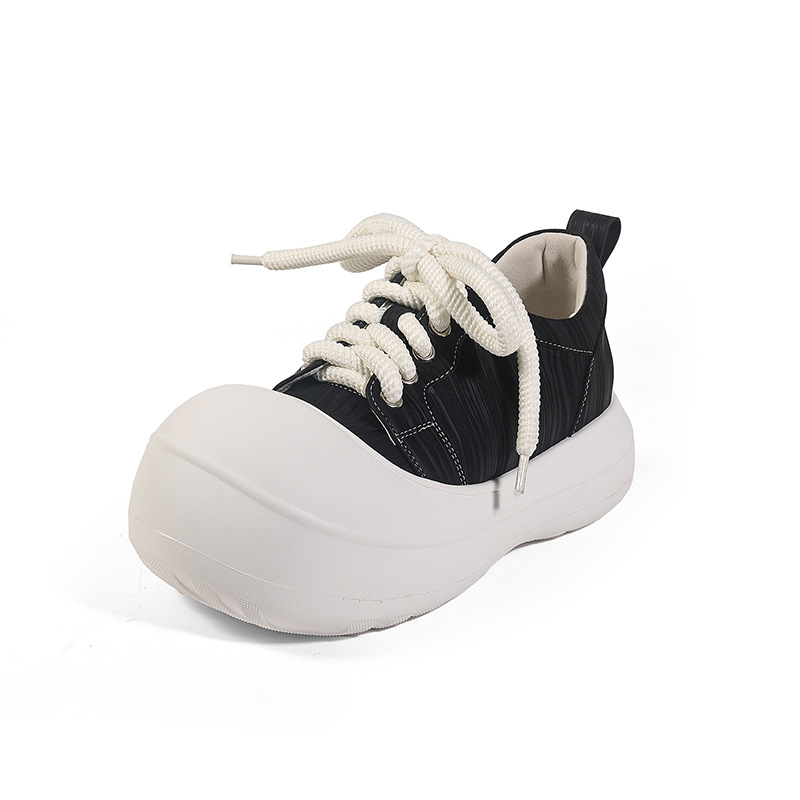 Giày sneaker nữ đế dày chunky mũi to phong cách bánh mì dây buộc tăng chiều cao — màu đen, màu hồng, màu trắng