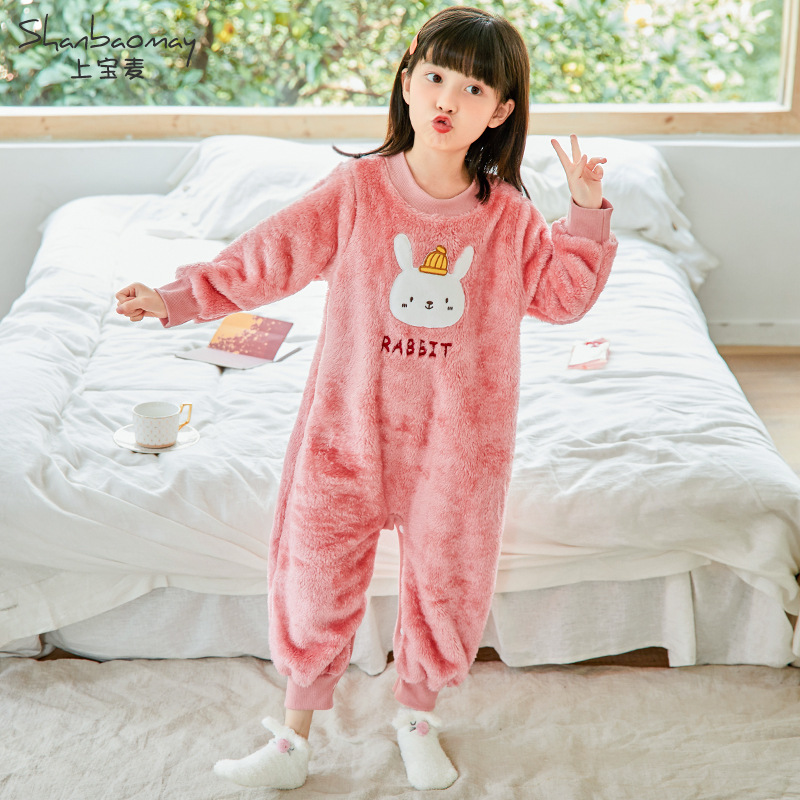 어퍼 바오 마이 가을과 겨울 어린이 슬리퍼 플란넬 소녀 잠옷 홈 옷 산호 양털 두꺼운 따뜻한 긴 머리