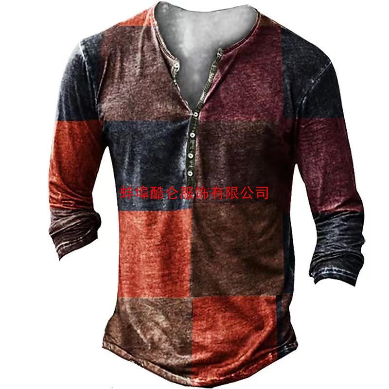 Retro Men's Long Sleeve T-Shirt Open Door with Button 3D Digital Printing Ethnic Pattern Printed Top AliExpress