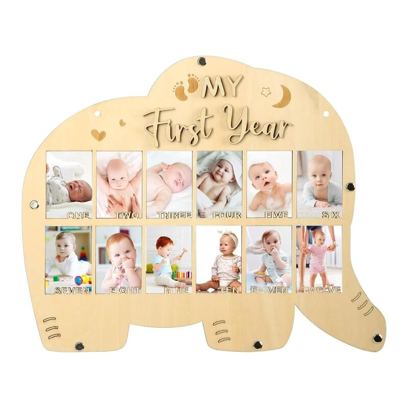 Wooden Baby Elephant Photo Frame for Wall Hanging, First Birthday Photo, Wooden 12-Month-Old Baby Baptism Photo Album, Wood Art