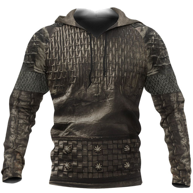 2024 Europa y América Primavera y otoño Moda nuevos hombres Viking Myth Series Cool Armor Print 3D Sudadera con capucha
