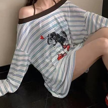蓝色条纹挂脖一字肩防晒罩衫轻薄上衣宽松慵懒风秋季修身长袖上衣|undefined