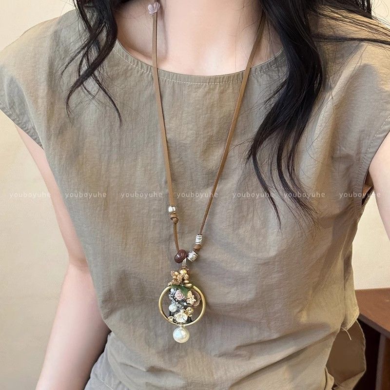 新中式禅意古铜羽毛项链女波西米亚民族风双层叠戴长款毛衣链配饰|undefined