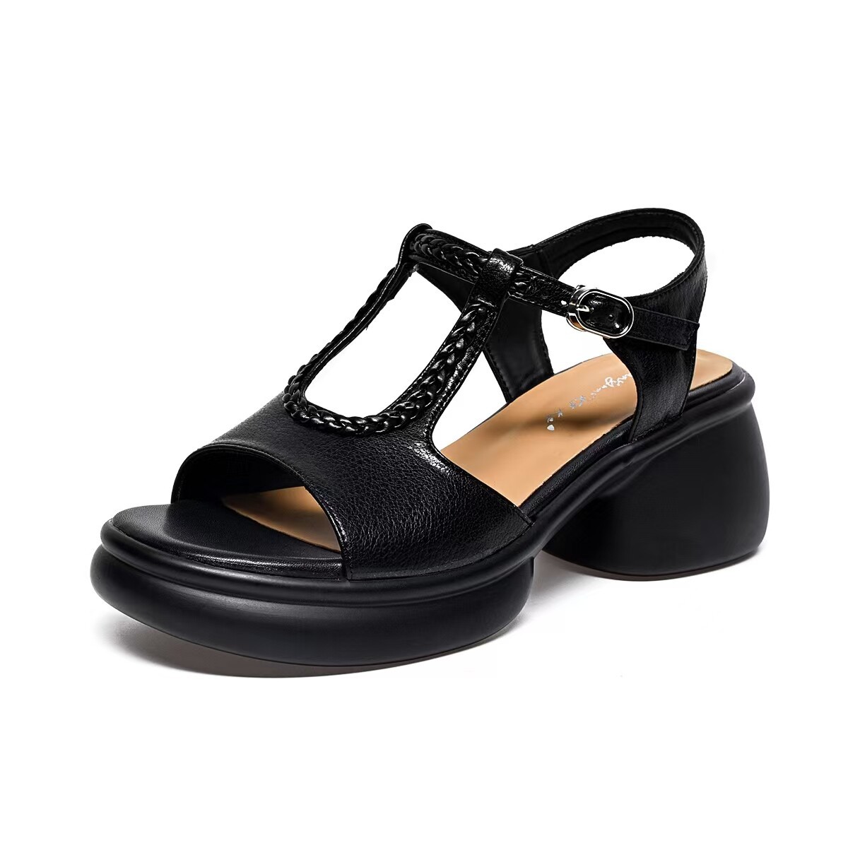 Sandal nữ da thật đế dày gót thô hở mũi chống trượt — màu be
