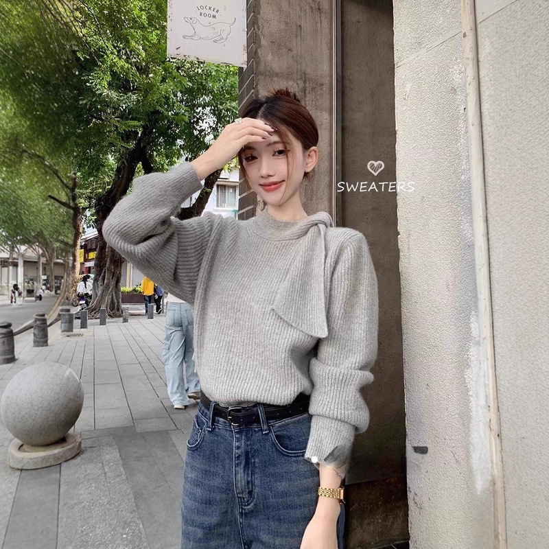Korean Retro Gentle Half Turtleneck Strappy Gray Knitwear Women's New Winter Lazy High-End Knitwear Top
