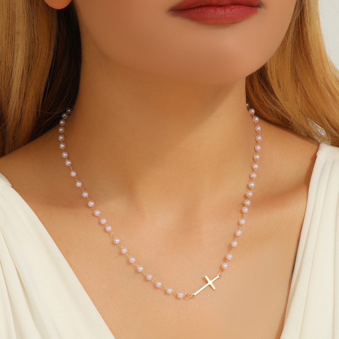 Europe and the United States cross-border jewelry temperament cross pearl necklace women exquisite simple pearl chain cross necklace wholesale