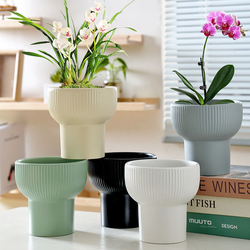 Large Ceramic Flower Pot with Stand, Ins-Style, Suitable for Hanging Plants, Succulents, Butterfly Orchids, Green Plants, Plastic Pot, Breathable, Handmade