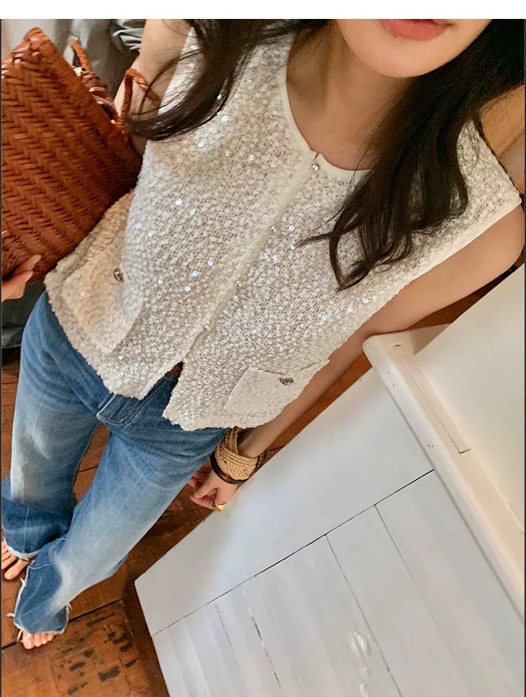 Chaleco de lujo ligero francés 2026 verano nuevo botón de perla diseño hueco blanco sin mangas corta chaqueta image 6