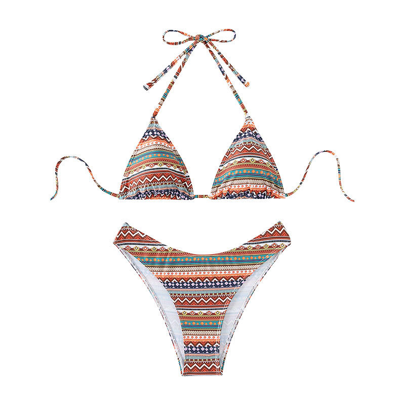 2024 Nieuwe sexy print gestreepte kanten driehoekige bikini strand split badmode voor dames_voghion.com