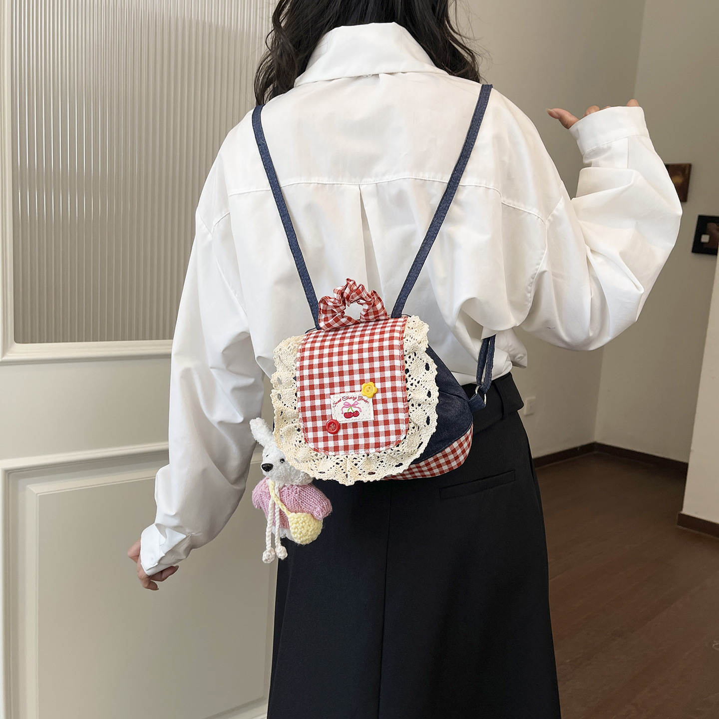 Mochila de denim de encaje de moda 2026 nueva moda mochila de encaje a cuadros, mochila portátil