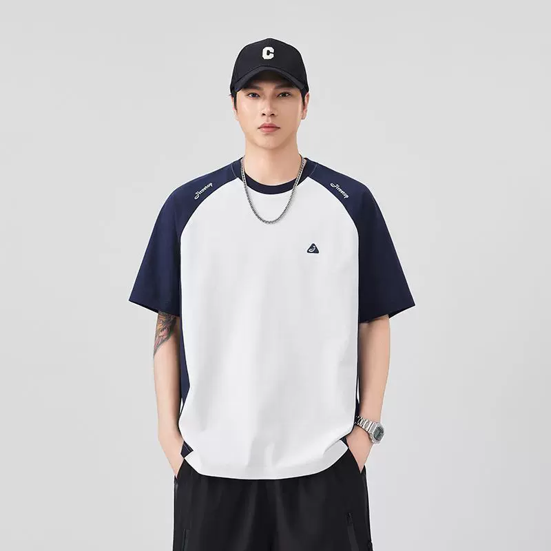 尚谷男装|撞色拼接插肩袖T恤男夏季美式潮牌宽松百搭休闲短袖上衣