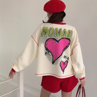 South Korea East Gate Spring New College Style Age Reducing Cute Cartoon Love Bow Loose plus size Sweater