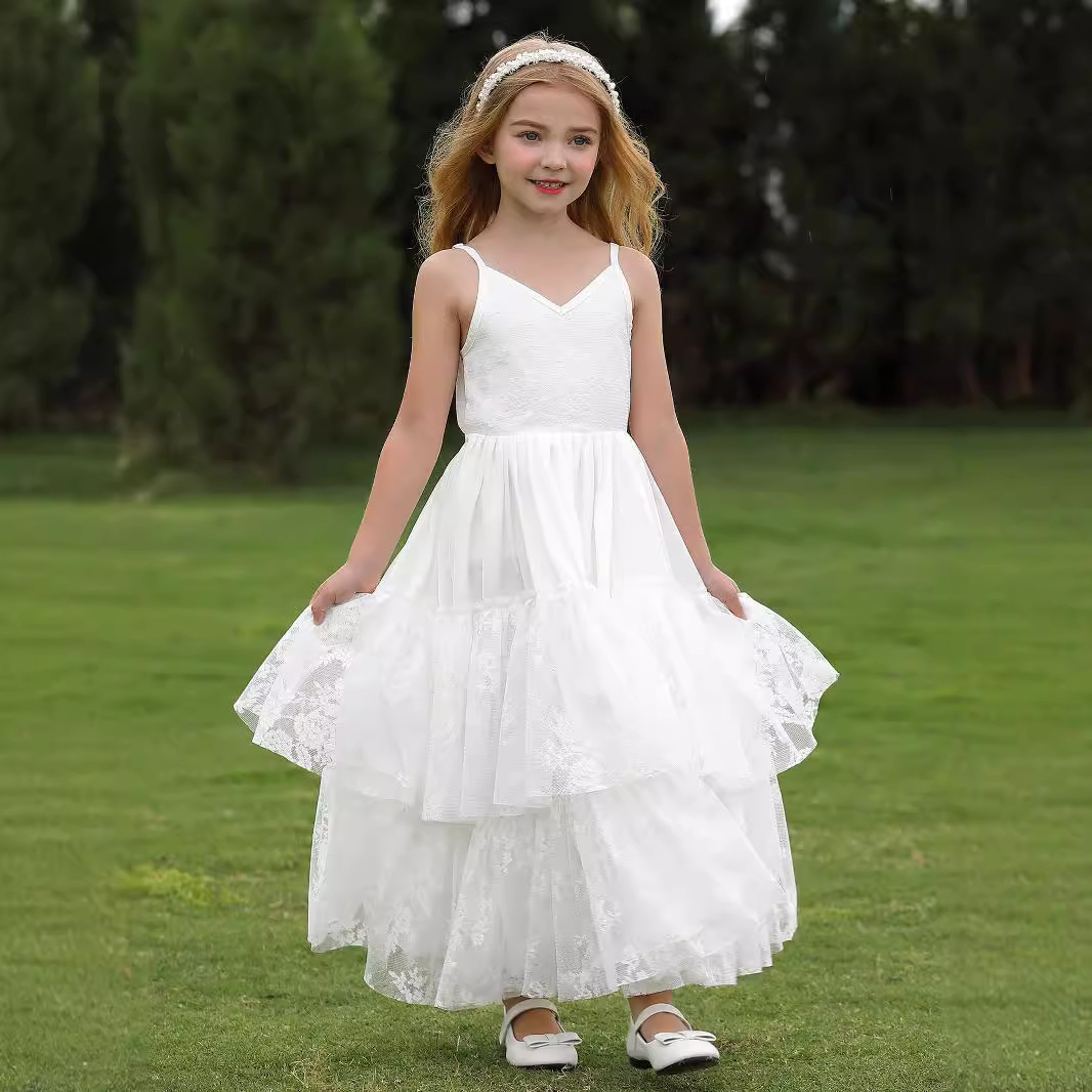 Nuevo comercio exterior transfronterizo niño lindo vestido de cuello en V sin mangas espalda de encaje espectáculo de cumpleaños flores vestido pequeño