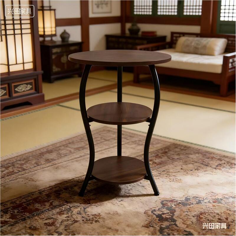 Aesthetic Curved Three-Tier Side Table, Walnut-Colored Vintage Wood Grain Texture Small Round Table, Living Room Sofa Side Storage Table