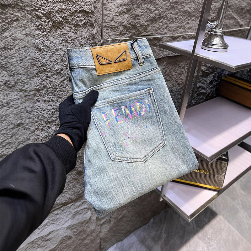 Little Monster Eyes Jeans Men's Spring and Summer Thin Luxury Trendy Brand Slim Fit Skinny Pants Ripped European High-End
