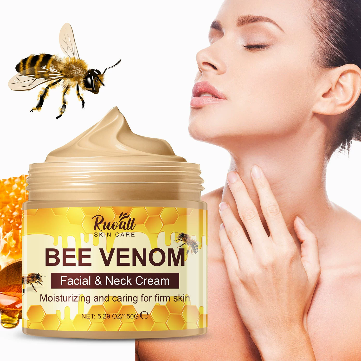 RUOALL кросс-граничный экспорт специализируется на 150 мл прозрачной белой банке крема для лица и шеи с пчелиным ядом.