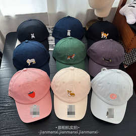 新款小狗图刺绣软顶水洗做旧棒球帽美式复古百搭休闲情侣棒球帽子