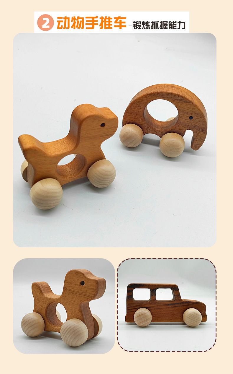 Solid Wood Push Toy with Natural Finish, Eco-Friendly Water-Based Paint, Safe for Baby Teething, Multiple Styles Available, Gift-Suitable