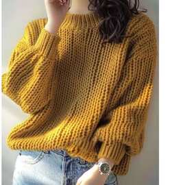 黄色高领毛衣女士冬季新款洋气粗毛线加厚上衣今年流行宽松针织衫
