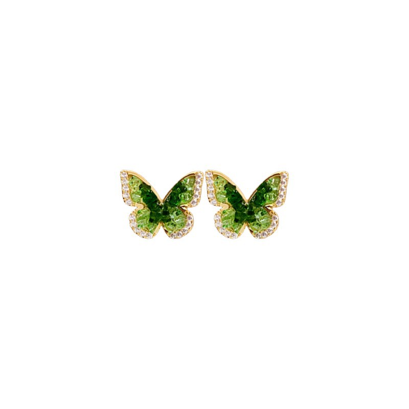 Pendientes de mariposa de cristal de aguja de plata galvanoplastia de oro real de 18k Pendientes frescos pequeños Pendientes exquisitos personalizados Sensación avanzada de nicho
