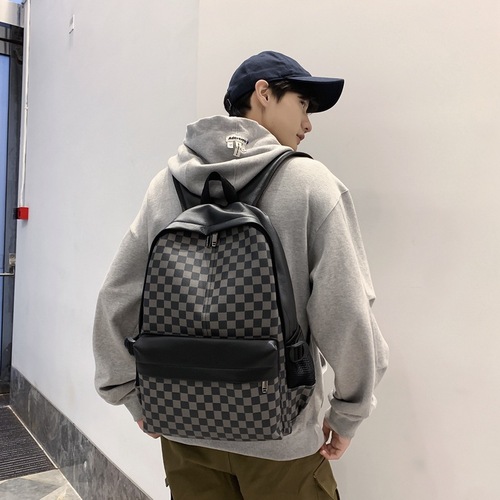 Backpacks for men, trendy European and American fashion plaid travel backpacks, trendy and versatile leather schoolbags for boys, computer bags for women