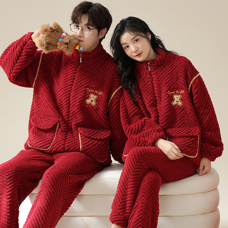 情侣睡衣女加绒新款珊瑚绒秋冬季套装男士法兰绒保暖大红色家居服