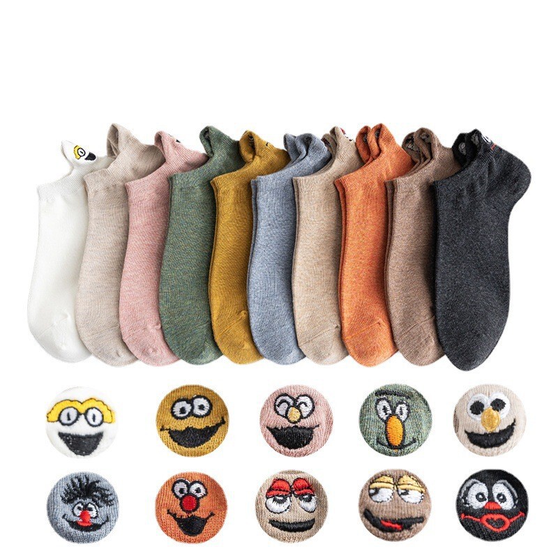 Cotton women's boat socks heel embroidered cartoon socks sesame street funny expression socks Cotton women's boat socks heel embroidered cartoon socks sesame street funny expression socks