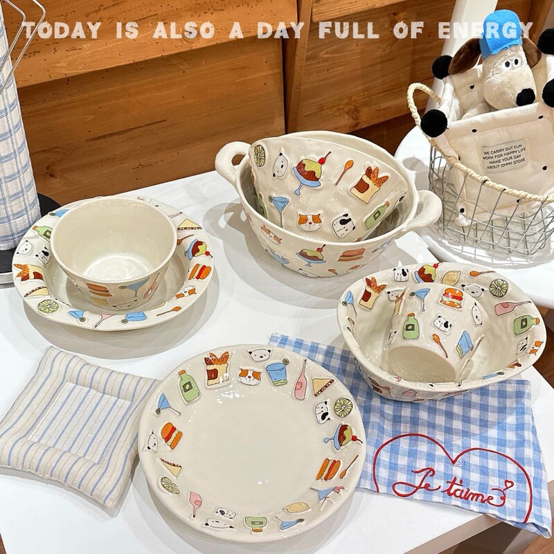 Cute Cat Embossed Ceramic Tableware for Home Use: Rice Bowl, Salad Yogurt Bowl, Breakfast Cup, Dessert Plate, Dinner Plate, Double-Handle Bowl Cute Cat Embossed Ceramic Tableware for Home Use: Rice Bowl, Salad Yogurt Bowl, Breakfast Cup, Dessert Plate, Dinner Plate, Double-Handle Bowl