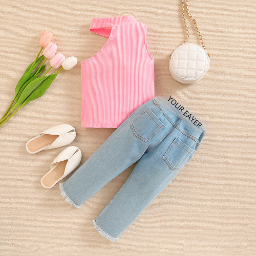 SAMGAMIBABY新款女童夏季洋气套装ins欧美女孩露肩上衣破洞牛仔裤