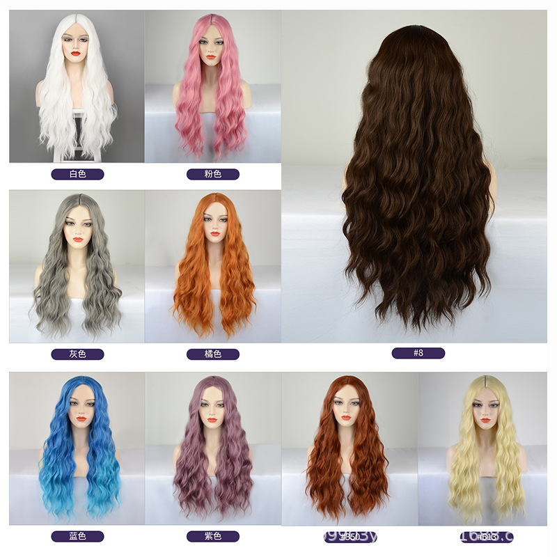 Peluca femenina blanca grande ondulada de pelo largo y rizado, conjunto de fibra química, pelo largo y rizado pequeño, tocado completo, fabricante de Xuchang, venta al por mayor, esponjoso