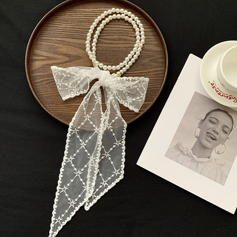 Collar de perlas nuevo estilo bufanda de seda de encaje retro tira larga cinta decorativa versátil de alta gama cinta para el cabello cinturón multifuncional