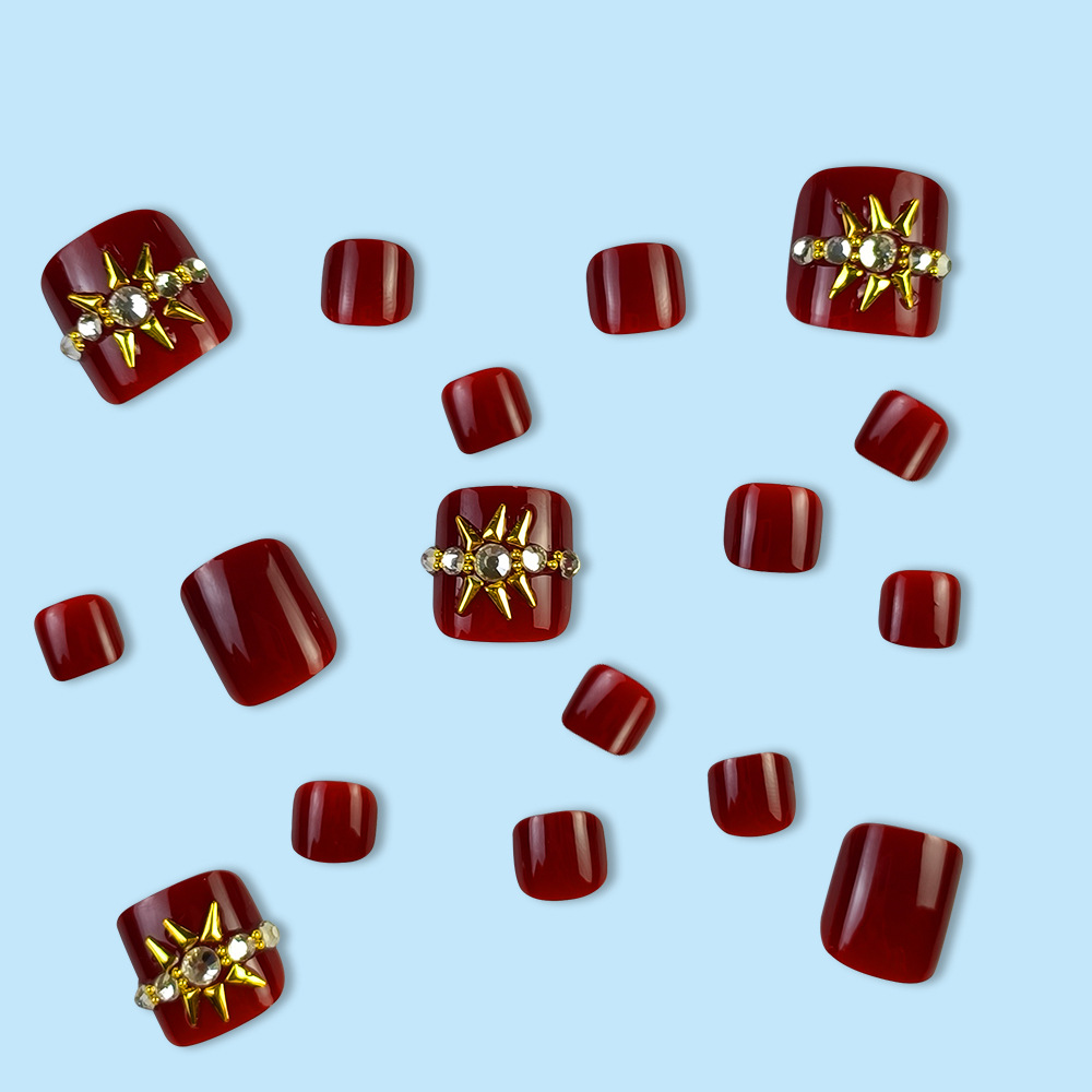 Uñas postizas para otoño e invierno, producto terminado, 24 piezas, uñas postizas con diamantes de imitación color cereza, pegatinas de uñas postizas. image 5
