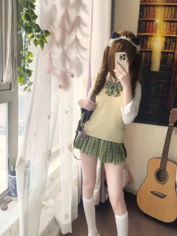【小青梅】日系jk制服原创正版高腰半身裙学生校供学院风绿色格裙|undefined