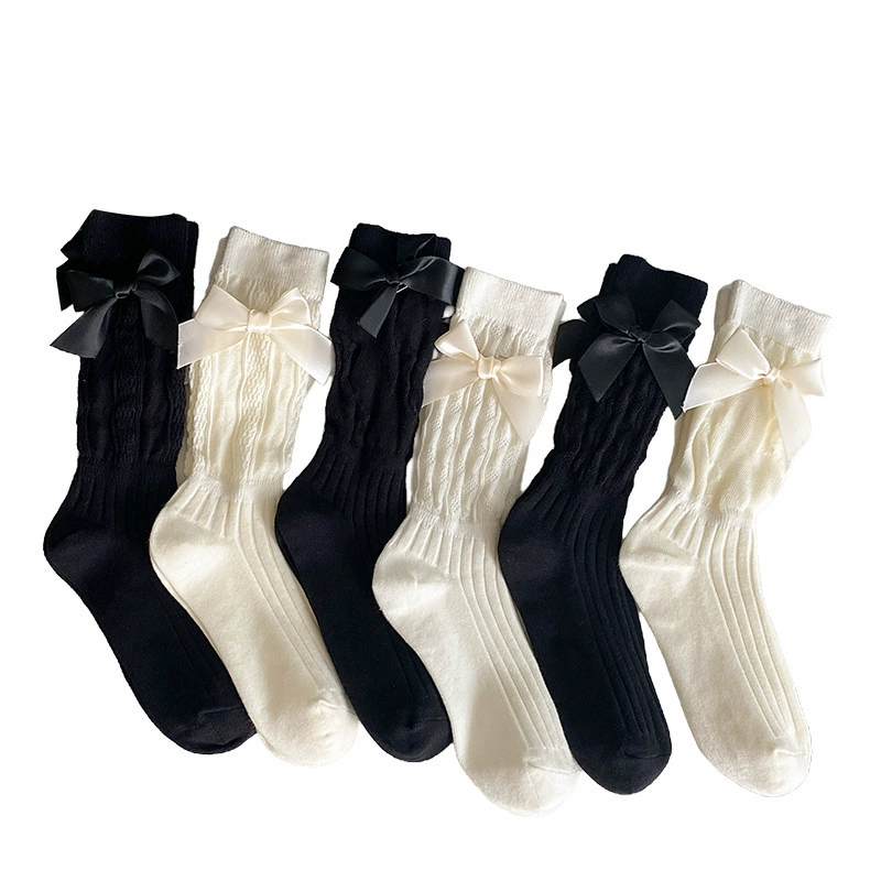 Lace tights with bow, summer thin white socks, mid-length