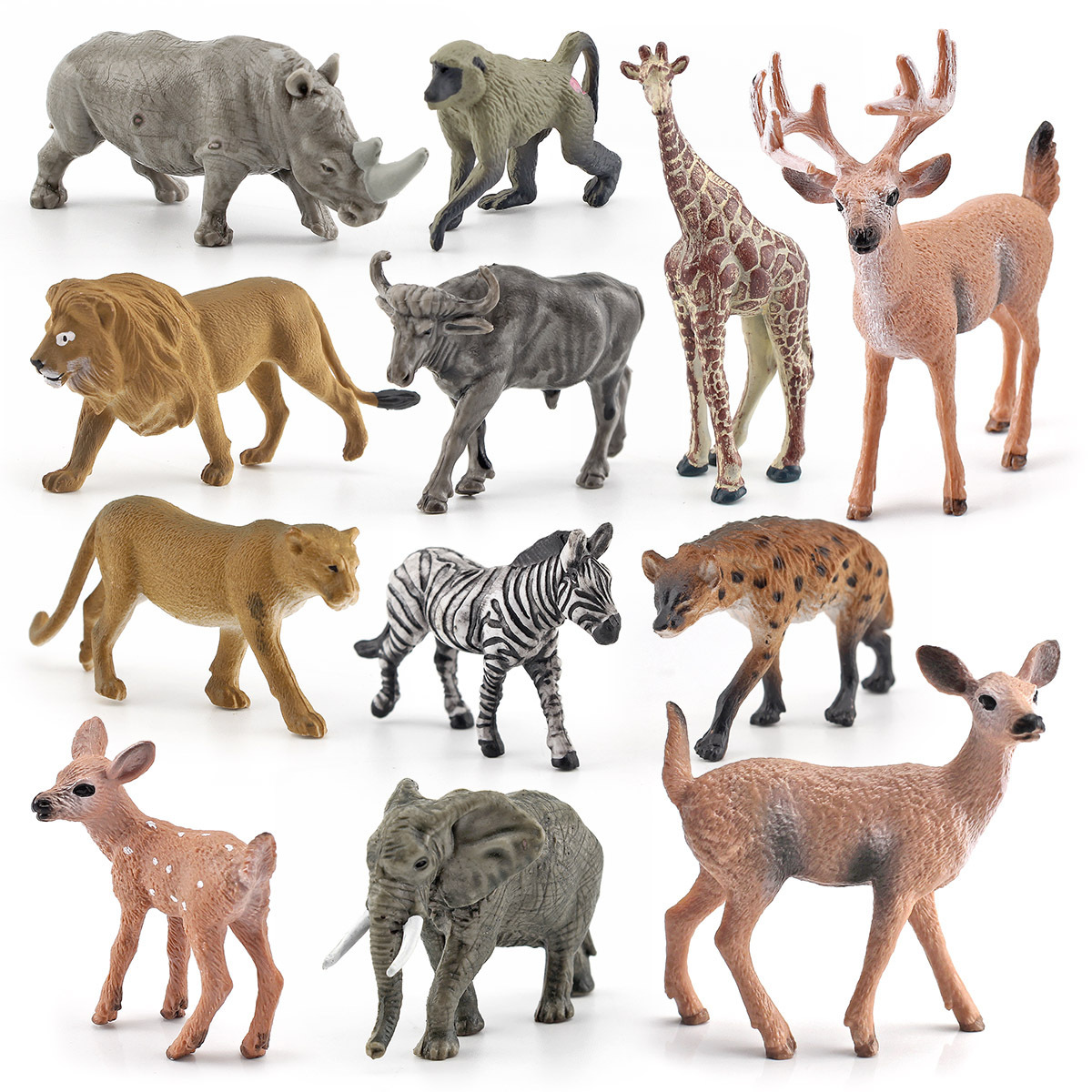 Jirafa de simulación transfronteriza rinoceronte León cebra elefante babuino búfalo cola blanca ciervo animal modelo adornos estáticos