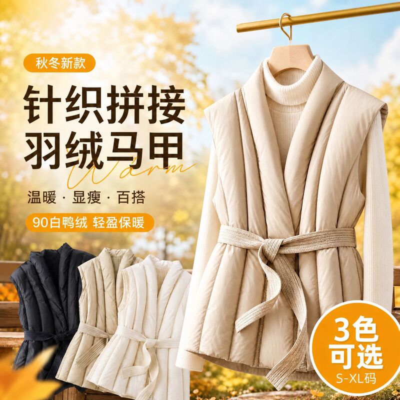 Cross-Border Autumn and Winter New Style 90 White Duck down Knitted Stitching V Neck Lace-Up Vest down Jacket Beaded Vest Jacket Trendy Cross-Border Autumn and Winter New Style 90 White Duck down Knitted Stitching V Neck Lace-Up Vest down Jacket Beaded Vest Jacket Trendy