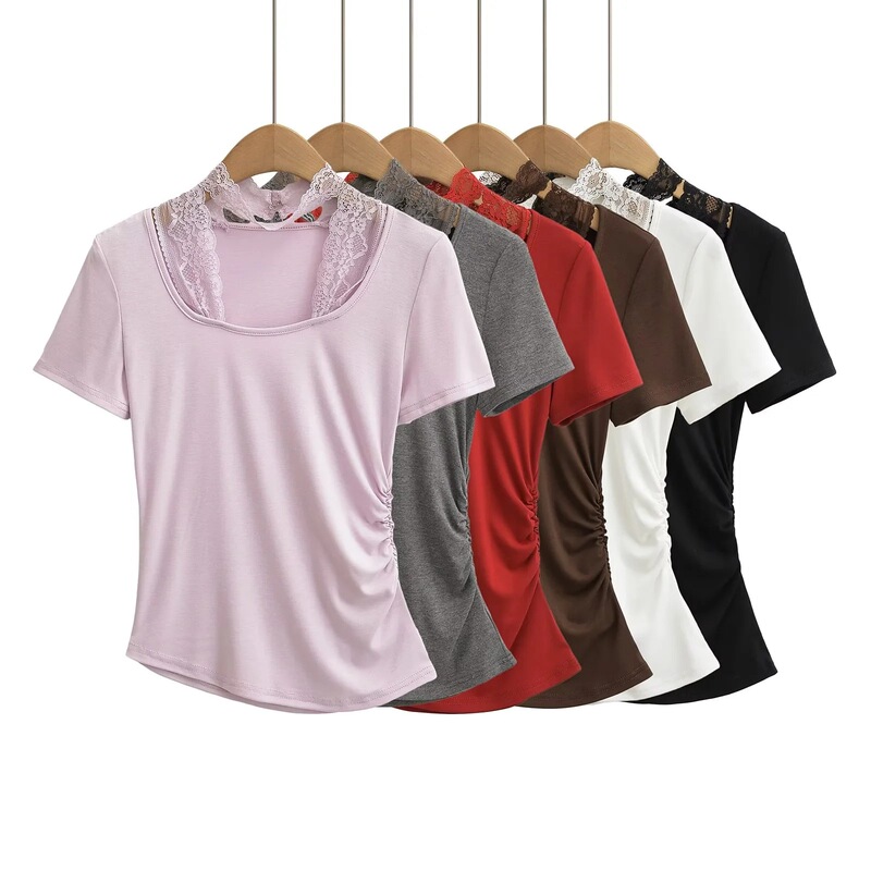 Fake Two-piece Lace Short-sleeved T-shirt Women's Summer Slim-fit Pleated Pure Desire Short Solid Color U-collar Base Shirt Top