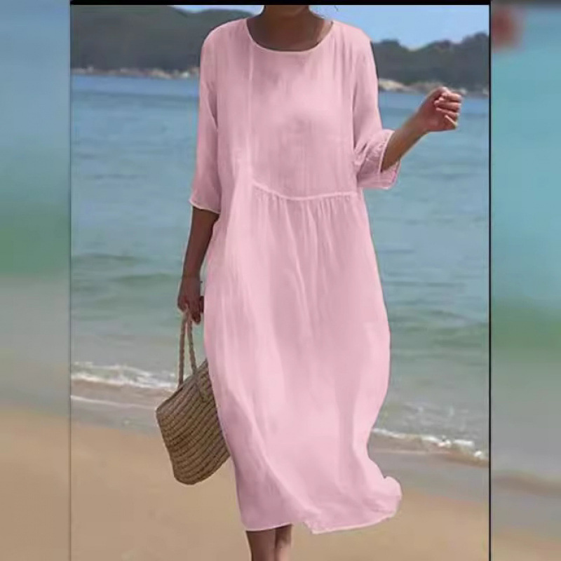 2024 Summer Cross-Border Amazon European and American Clothing Round Neck Long Printed Casual Fashion Women's Dress Women's Skirt