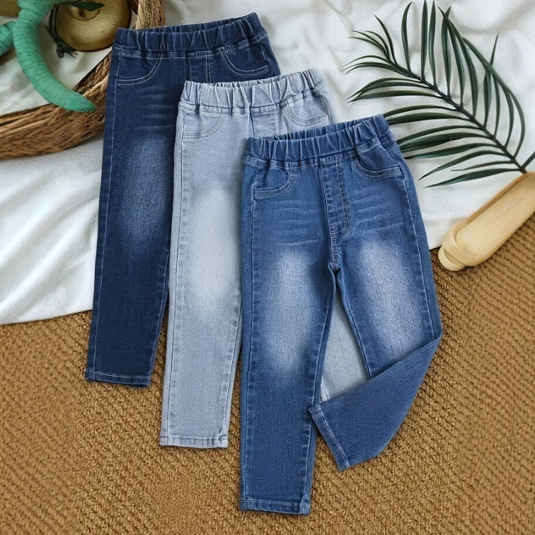 Boys' fashionable washed denim jeans with elastic waistband, casual long pants, three-piece set, versatile for baby, straight leg, suitable for outerwear