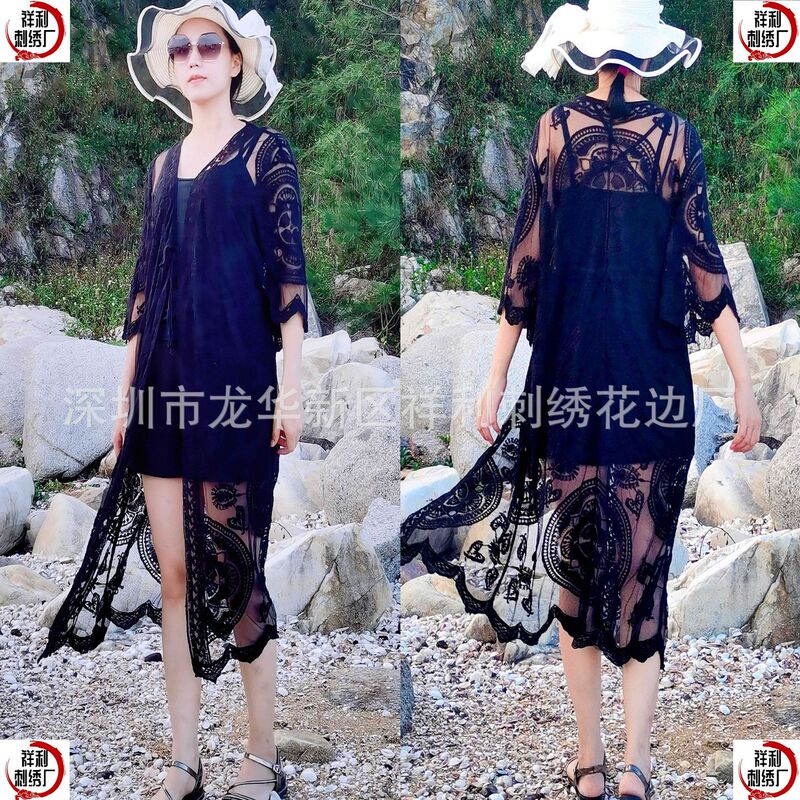 Bohemian Long Bikini Blouse Hollow Out Lace Beach Shirt Sun Protection Clothing Cardigan Swimwear Coat Outfit Bohemian Long Bikini Blouse Hollow Out Lace Beach Shirt Sun Protection Clothing Cardigan Swimwear Coat Outfit