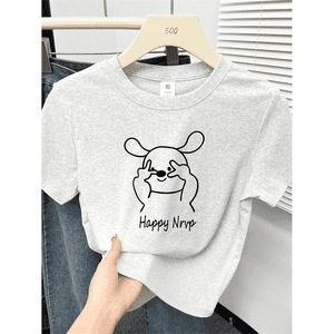 Right Shoulder Large Size Short-Sleeved T-Shirt for Women Summer New Korean Style Fashionable Bunny Print Fat mm Flesh-Covering Half-Sleeved Top