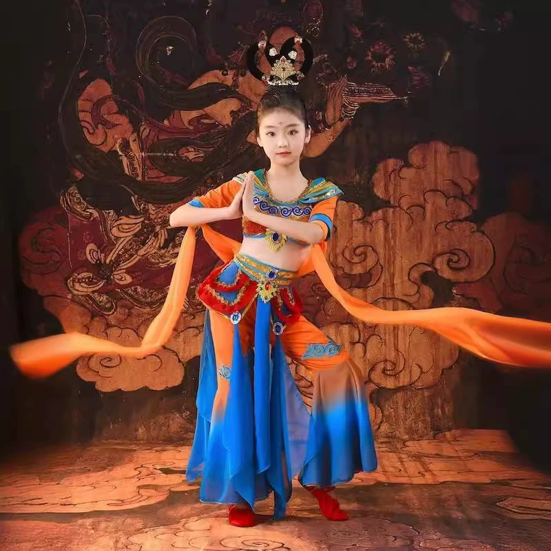 Детские танцевальные костюмы Dunhuang Feitian, элегантные костюмы для выступлений в китайском стиле для девочек, классические танцевальные костюмы с отскоком pipa